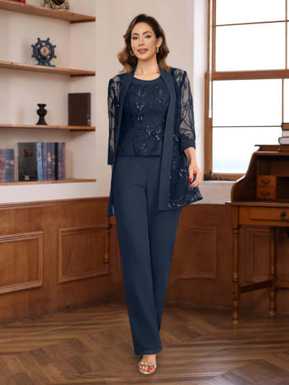 3-Piece Floor-Length Chiffon Pantsuits with Sequins for the Mother of the Bride
