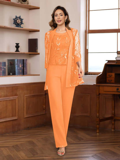 3-Piece Floor-Length Chiffon Pantsuits with Sequins for the Mother of the Bride