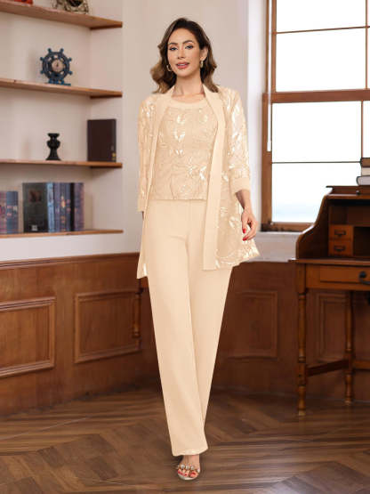 3-Piece Floor-Length Chiffon Pantsuits with Sequins for the Mother of the Bride