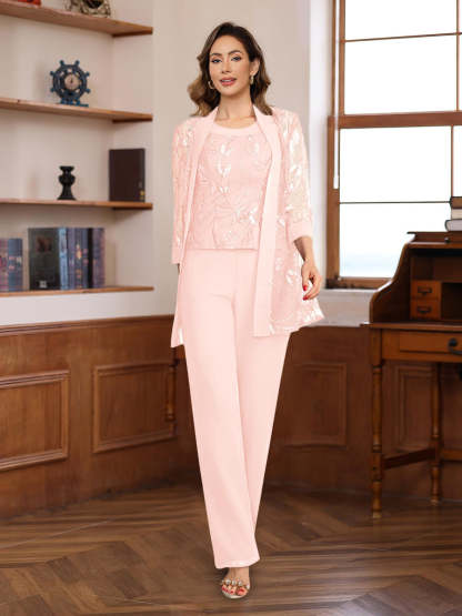 3-Piece Floor-Length Chiffon Pantsuits with Sequins for the Mother of the Bride