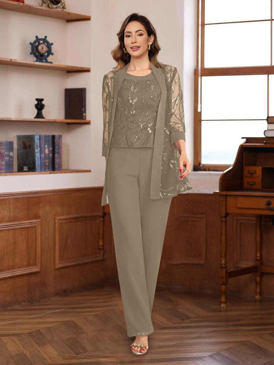 3-Piece Floor-Length Chiffon Pantsuits with Sequins for the Mother of the Bride