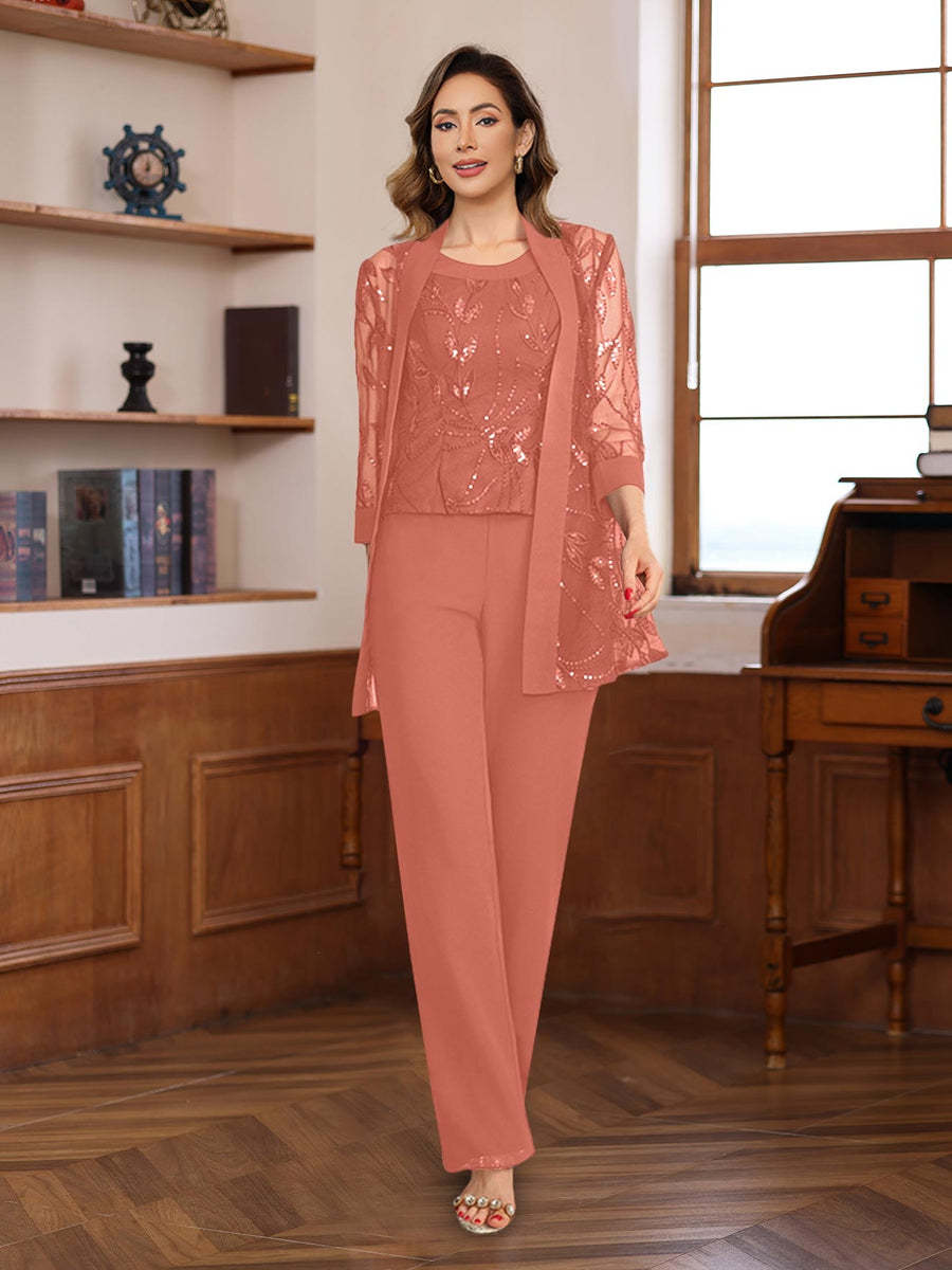 3-Piece Floor-Length Chiffon Pantsuits with Sequins for the Mother of the Bride