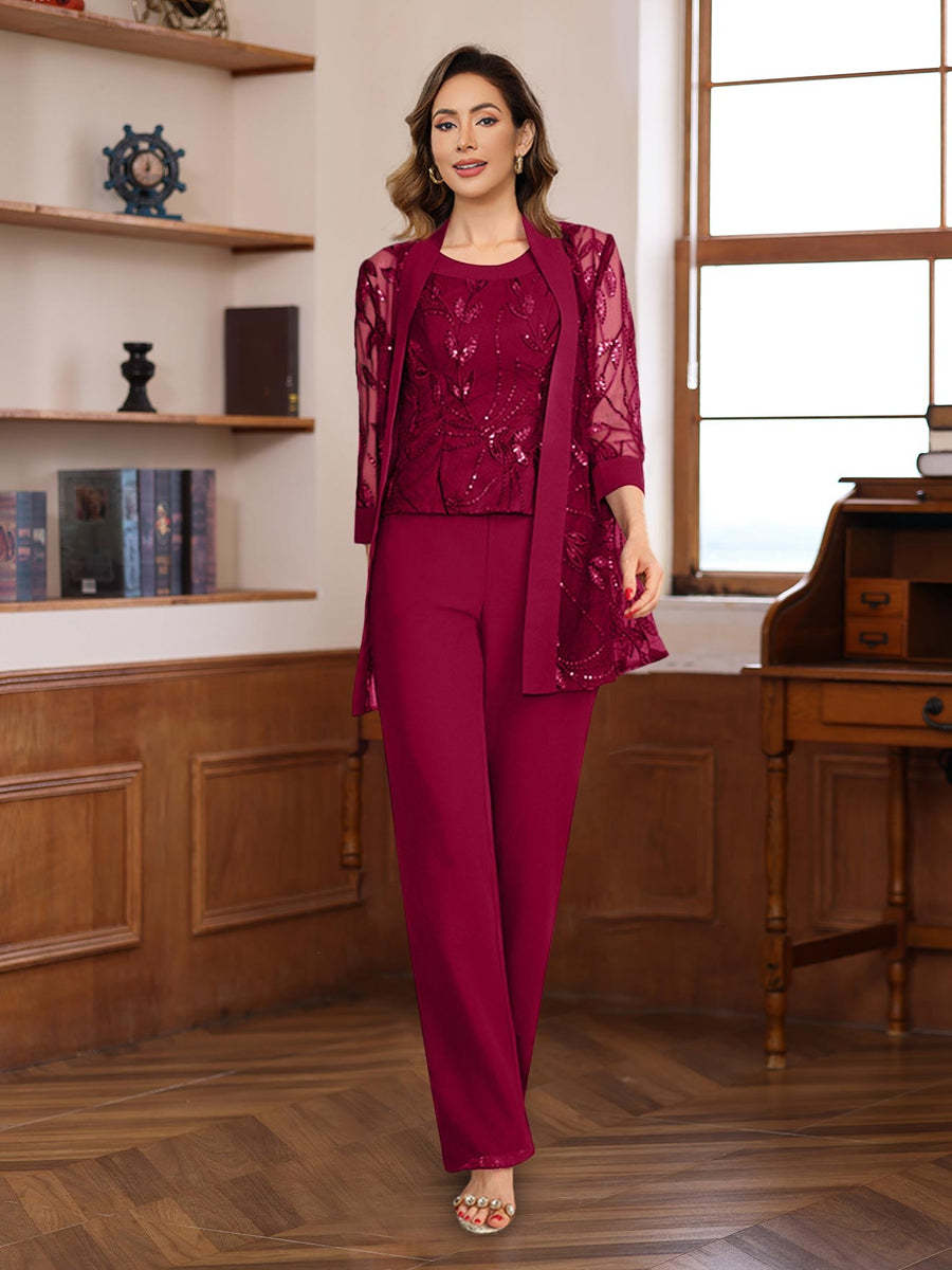 3-Piece Floor-Length Chiffon Pantsuits with Sequins for the Mother of the Bride