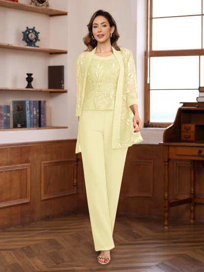3-Piece Floor-Length Chiffon Pantsuits with Sequins for the Mother of the Bride