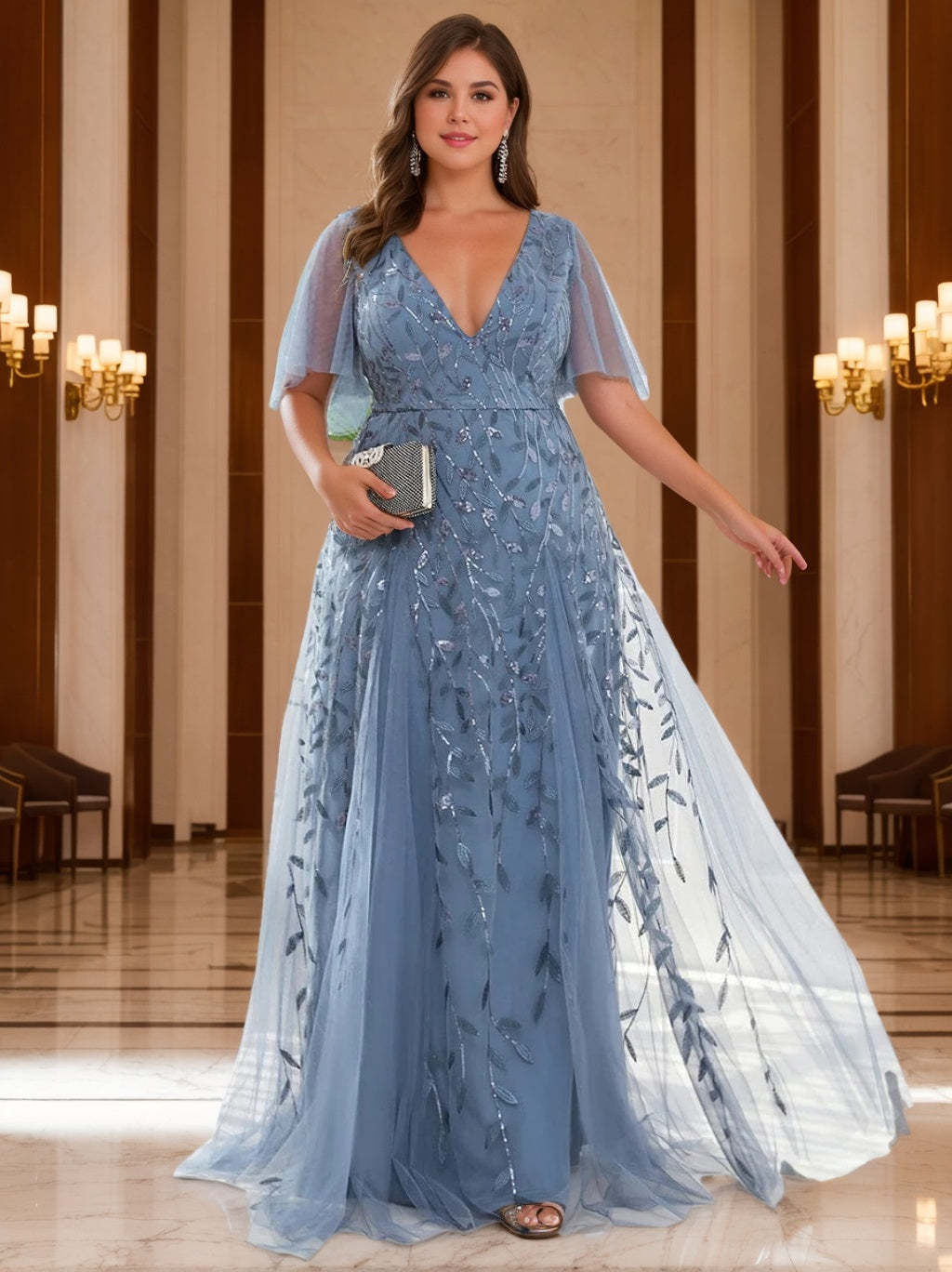 Plus Size V-Neck A-Line Princess Floor-Length Mother of the Bride Dress with Sequins and Short Sleeves-BMbridal.UK
