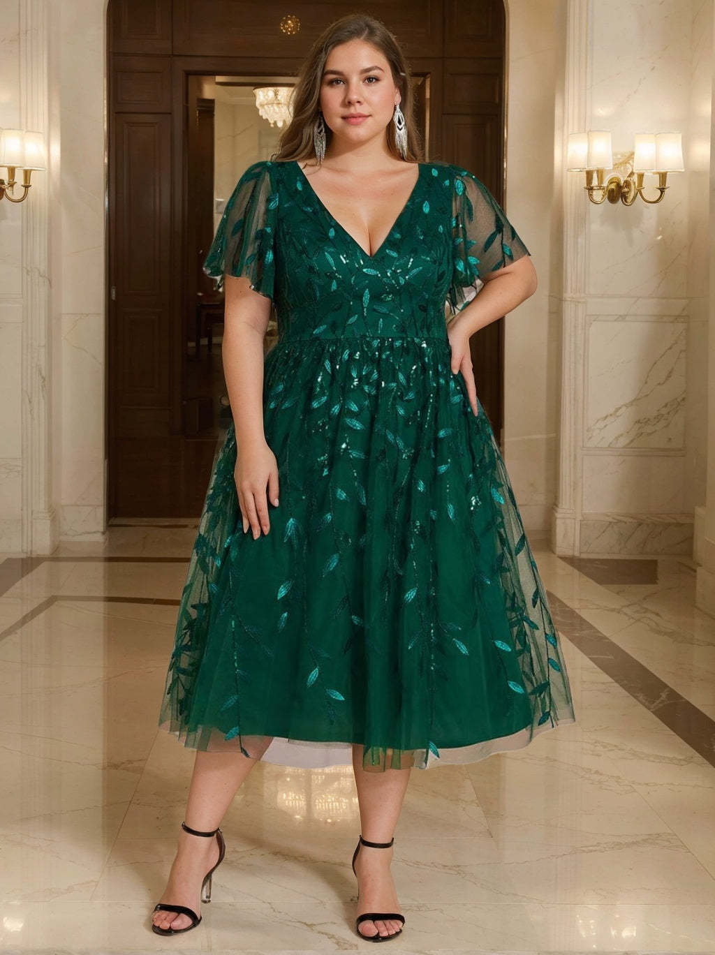 Plus Size V-Neck A-Line Princess Tea-Length Mother of the Bride Dress with Short Sleeves and Sequins