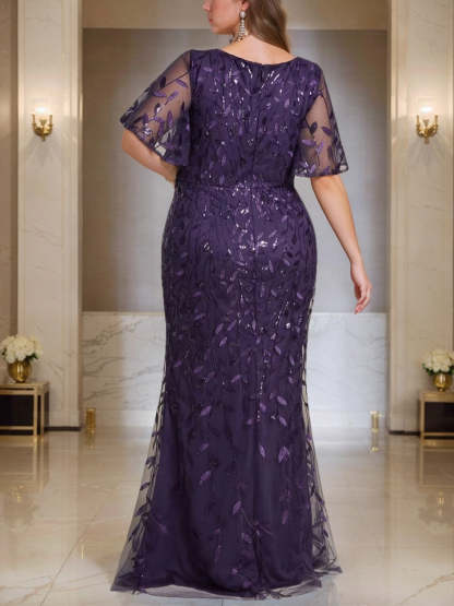 V-Neck Short-Sleeve Plus Size Floor-Length Sheath Dress with Sequins for the Mother of the Bride