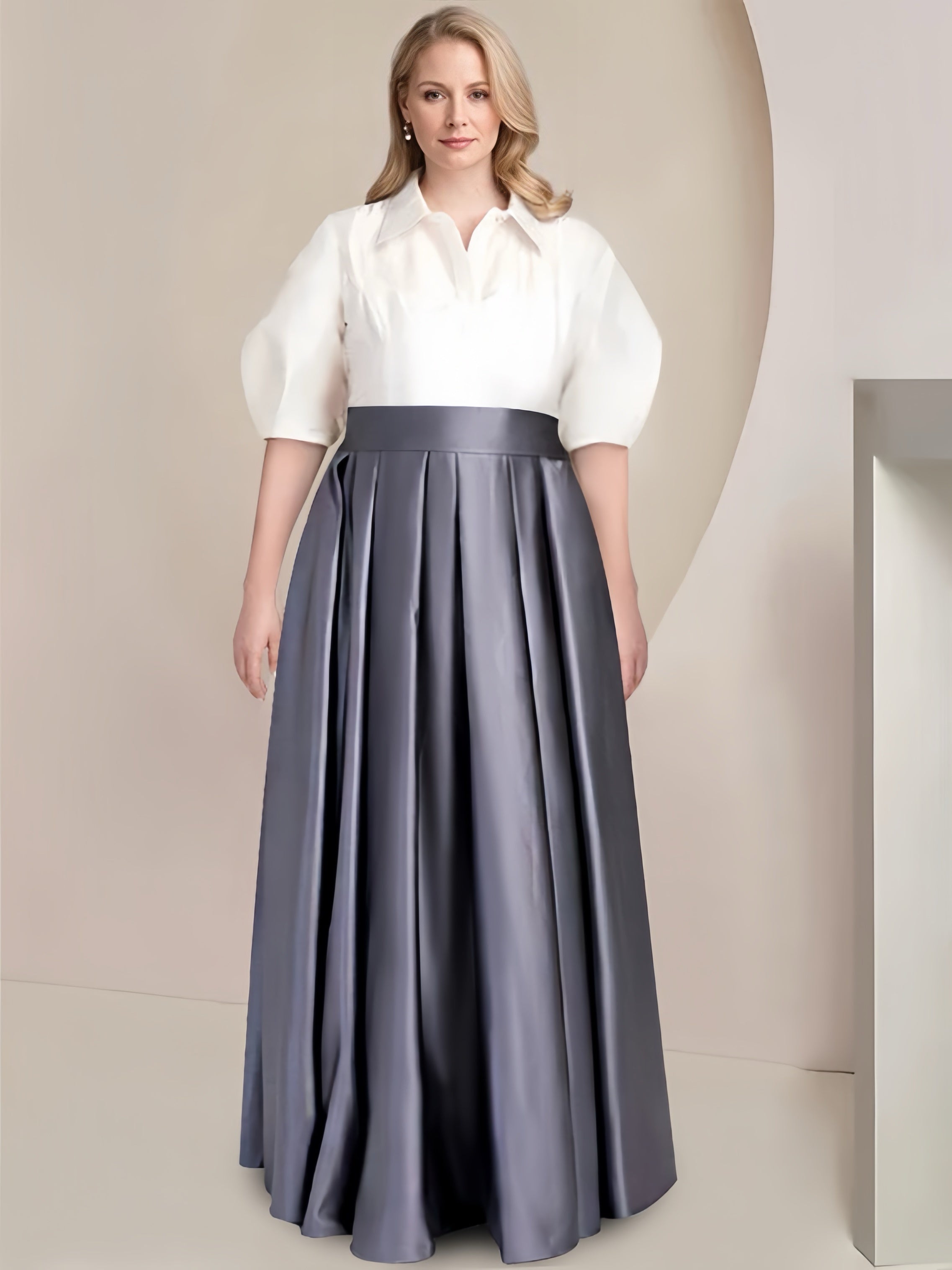 Princess A-Line Satin Floor-Length Plus Size Mother of the Bride Dress with Shirt Collar Short Sleeves and Bowknot-BMbridal.UK