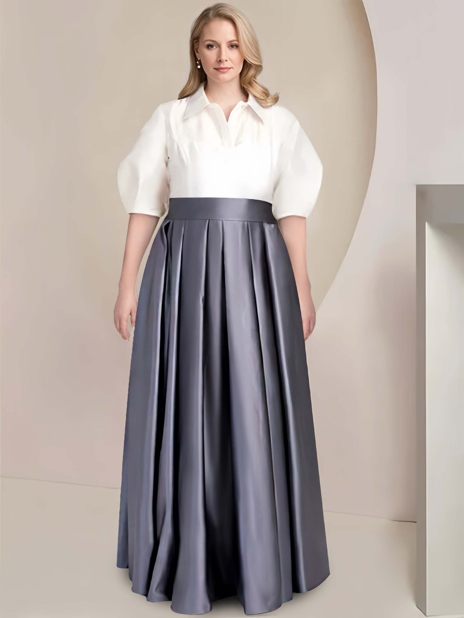 Princess A-Line Satin Floor-Length Plus Size Mother of the Bride Dress with Shirt Collar Short Sleeves and Bowknot-BMbridal.UK
