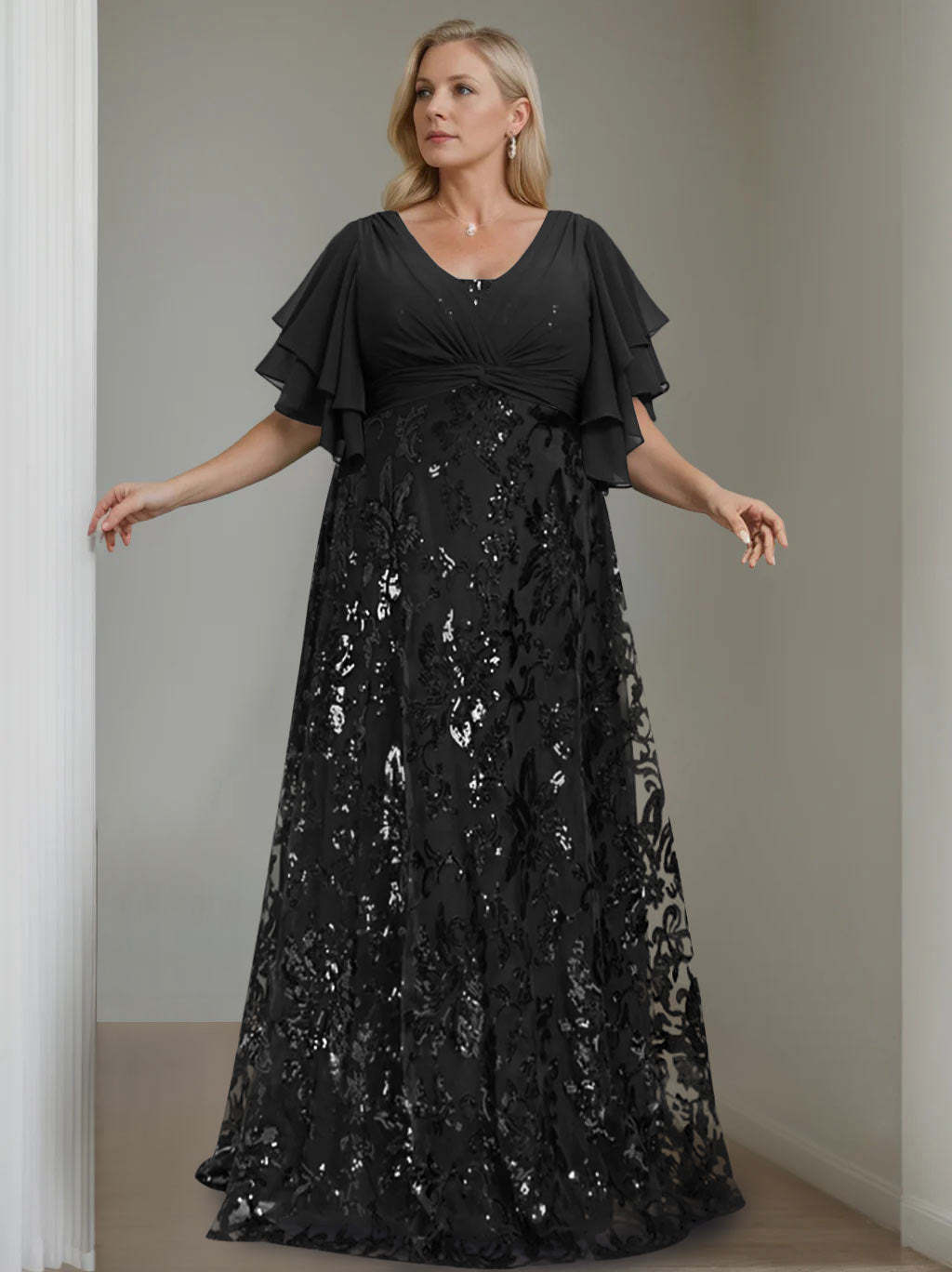 Plus Size V-Neck A-Line Princess Floor-Length Mother of the Bride Dress with Sequins and Half Sleeves-BMbridal.UK