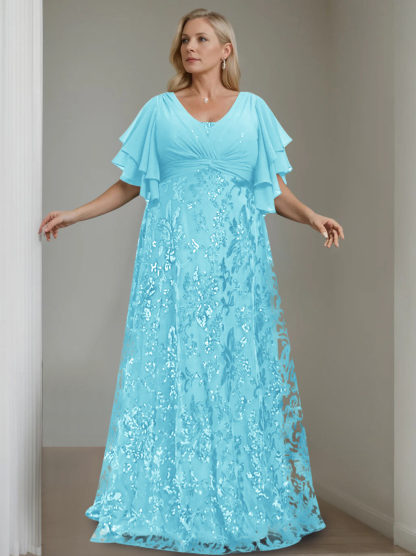 Plus Size V-Neck A-Line Princess Floor-Length Mother of the Bride Dress with Sequins and Half Sleeves-BMbridal.UK