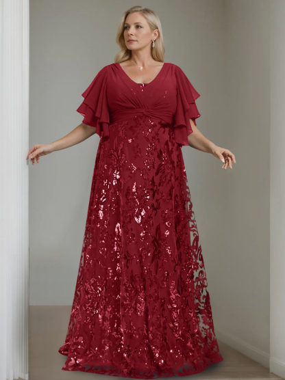 Plus Size V-Neck A-Line Princess Floor-Length Mother of the Bride Dress with Sequins and Half Sleeves-BMbridal.UK