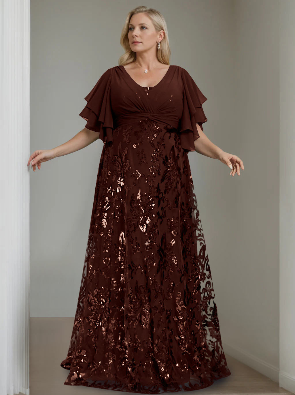 Plus Size V-Neck A-Line Princess Floor-Length Mother of the Bride Dress with Sequins and Half Sleeves-BMbridal.UK