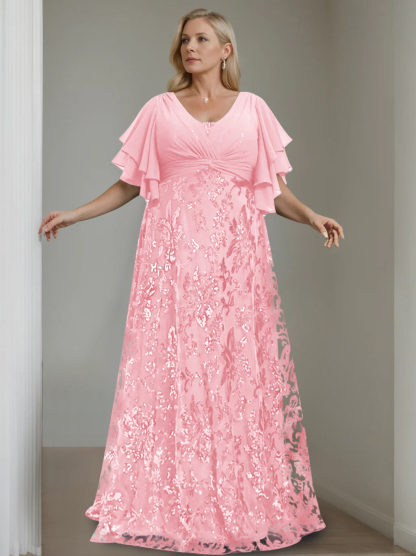 Plus Size V-Neck A-Line Princess Floor-Length Mother of the Bride Dress with Sequins and Half Sleeves-BMbridal.UK