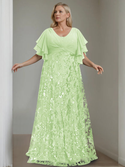 Plus Size V-Neck A-Line Princess Floor-Length Mother of the Bride Dress with Sequins and Half Sleeves-BMbridal.UK