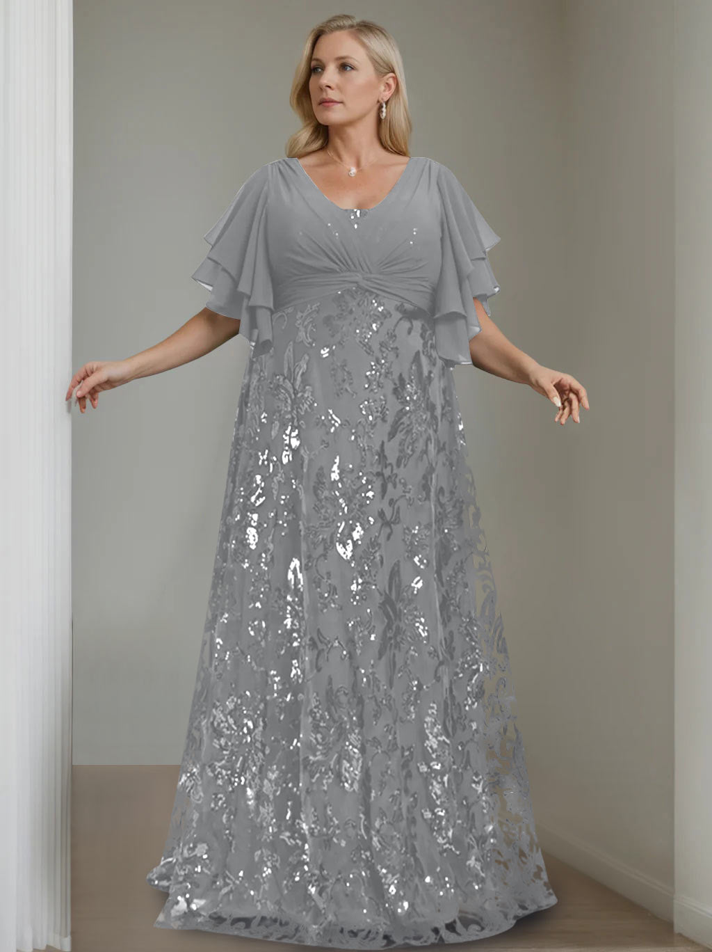 Plus Size V-Neck A-Line Princess Floor-Length Mother of the Bride Dress with Sequins and Half Sleeves-BMbridal.UK