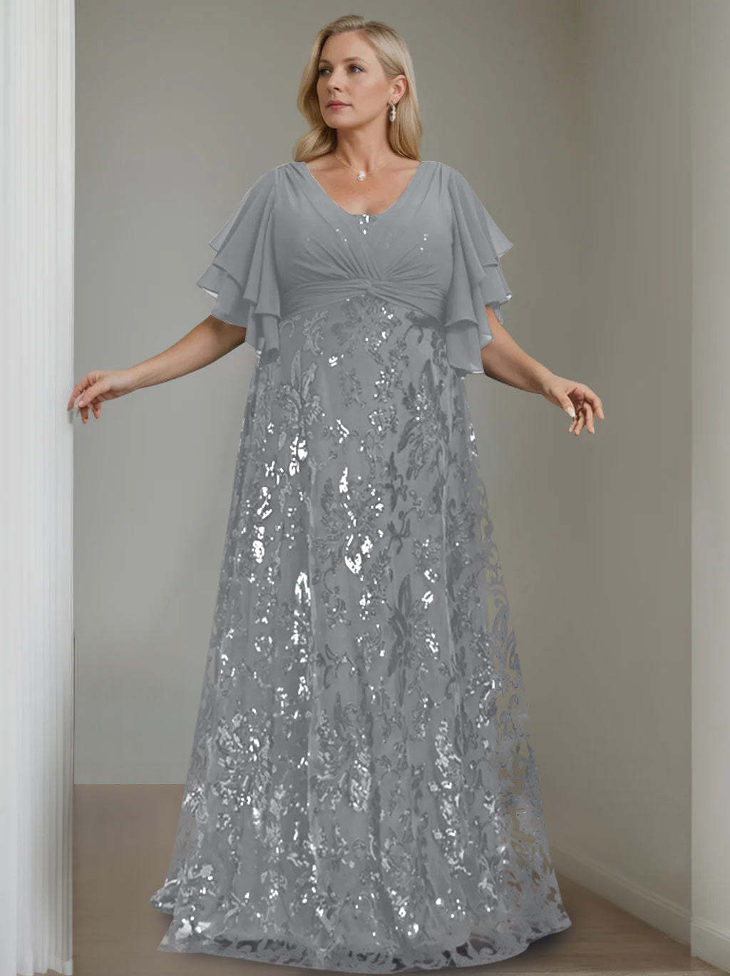 Plus Size V-Neck A-Line Princess Floor-Length Mother of the Bride Dress with Sequins and Half Sleeves-BMbridal.UK