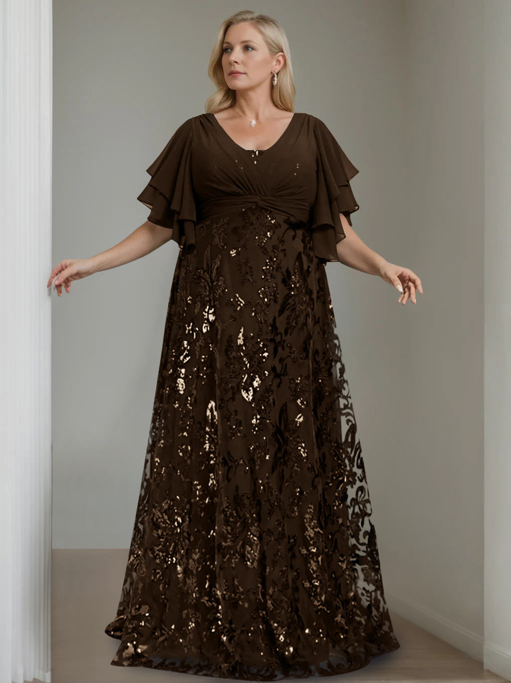 Plus Size V-Neck A-Line Princess Floor-Length Mother of the Bride Dress with Sequins and Half Sleeves-BMbridal.UK