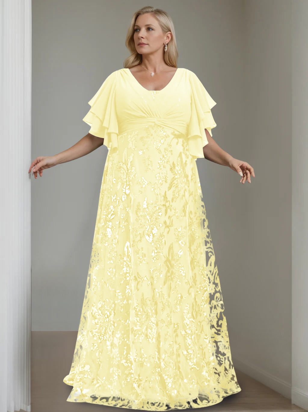 Plus Size V-Neck A-Line Princess Floor-Length Mother of the Bride Dress with Sequins and Half Sleeves-BMbridal.UK