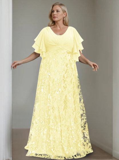Plus Size V-Neck A-Line Princess Floor-Length Mother of the Bride Dress with Sequins and Half Sleeves-BMbridal.UK