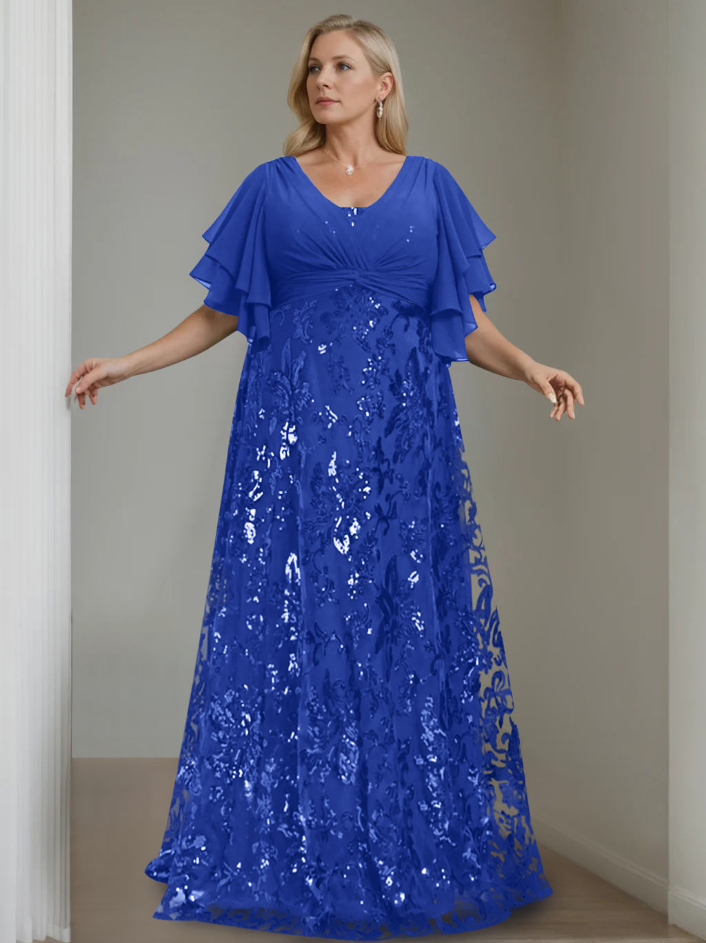 Plus Size V-Neck A-Line Princess Floor-Length Mother of the Bride Dress with Sequins and Half Sleeves-BMbridal.UK