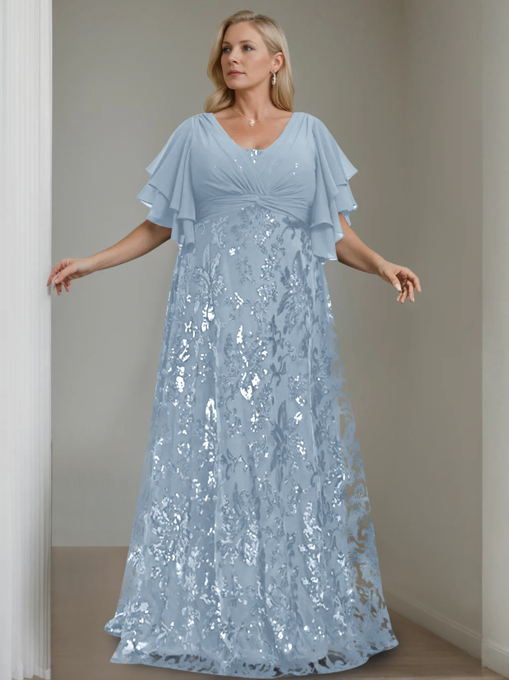 Plus Size V-Neck A-Line Princess Floor-Length Mother of the Bride Dress with Sequins and Half Sleeves-BMbridal.UK