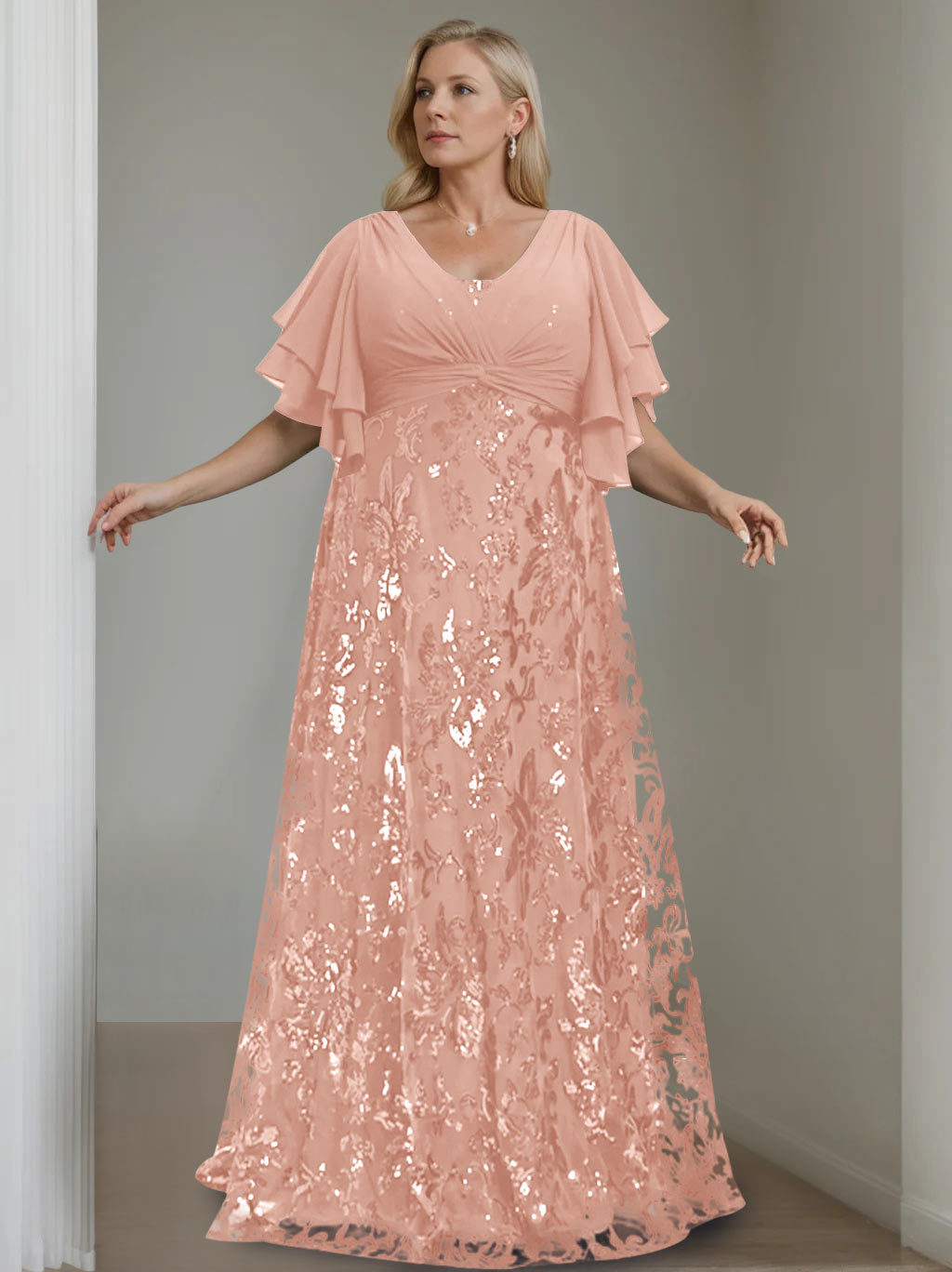 Plus Size V-Neck A-Line Princess Floor-Length Mother of the Bride Dress with Sequins and Half Sleeves-BMbridal.UK