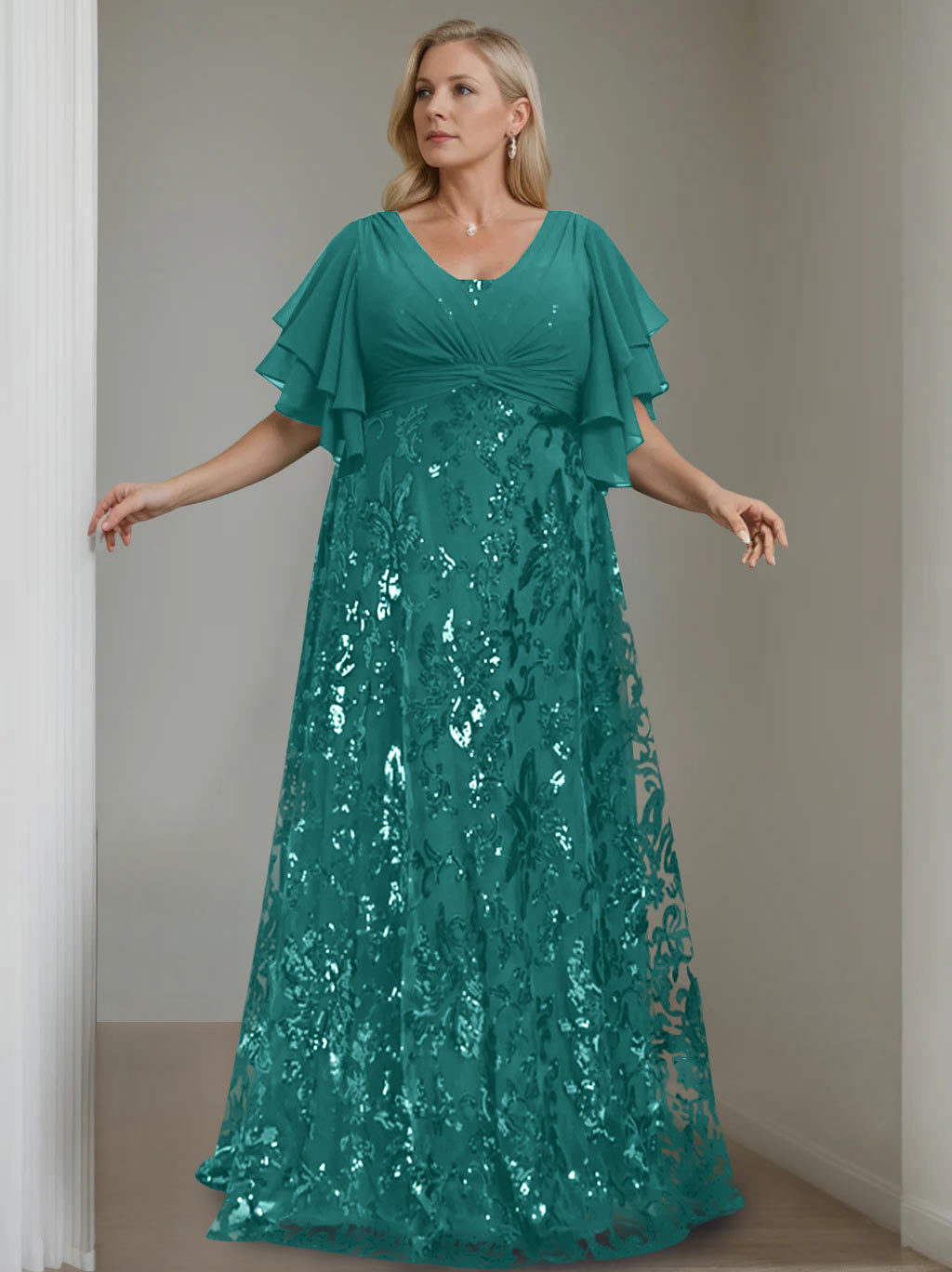 Plus Size V-Neck A-Line Princess Floor-Length Mother of the Bride Dress with Sequins and Half Sleeves-BMbridal.UK