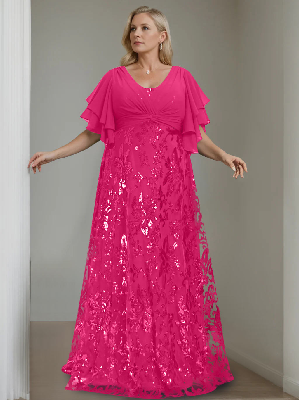 Plus Size V-Neck A-Line Princess Floor-Length Mother of the Bride Dress with Sequins and Half Sleeves-BMbridal.UK