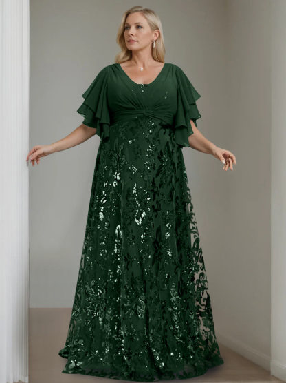 Plus Size V-Neck A-Line Princess Floor-Length Mother of the Bride Dress with Sequins and Half Sleeves-BMbridal.UK