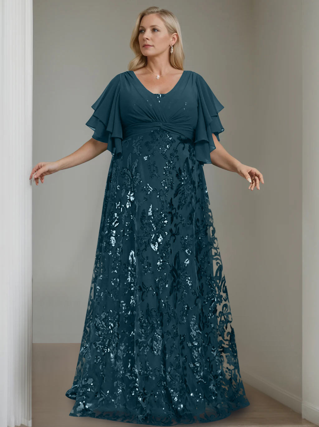 Plus Size V-Neck A-Line Princess Floor-Length Mother of the Bride Dress with Sequins and Half Sleeves-BMbridal.UK