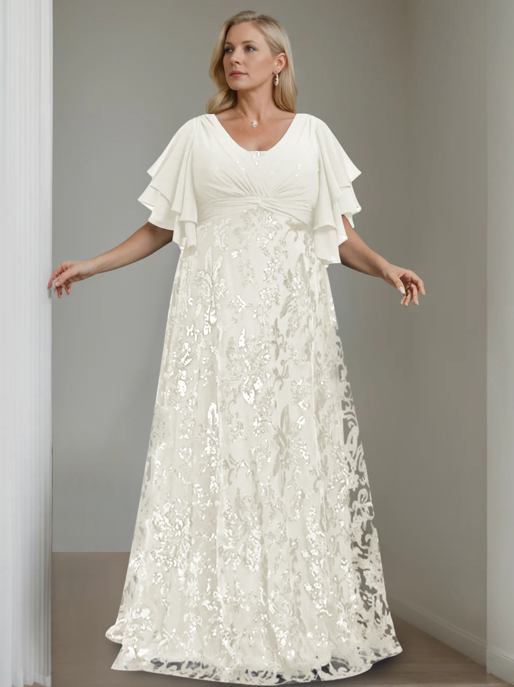 Plus Size V-Neck A-Line Princess Floor-Length Mother of the Bride Dress with Sequins and Half Sleeves-BMbridal.UK