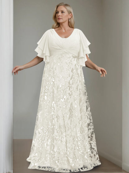 Plus Size V-Neck A-Line Princess Floor-Length Mother of the Bride Dress with Sequins and Half Sleeves-BMbridal.UK