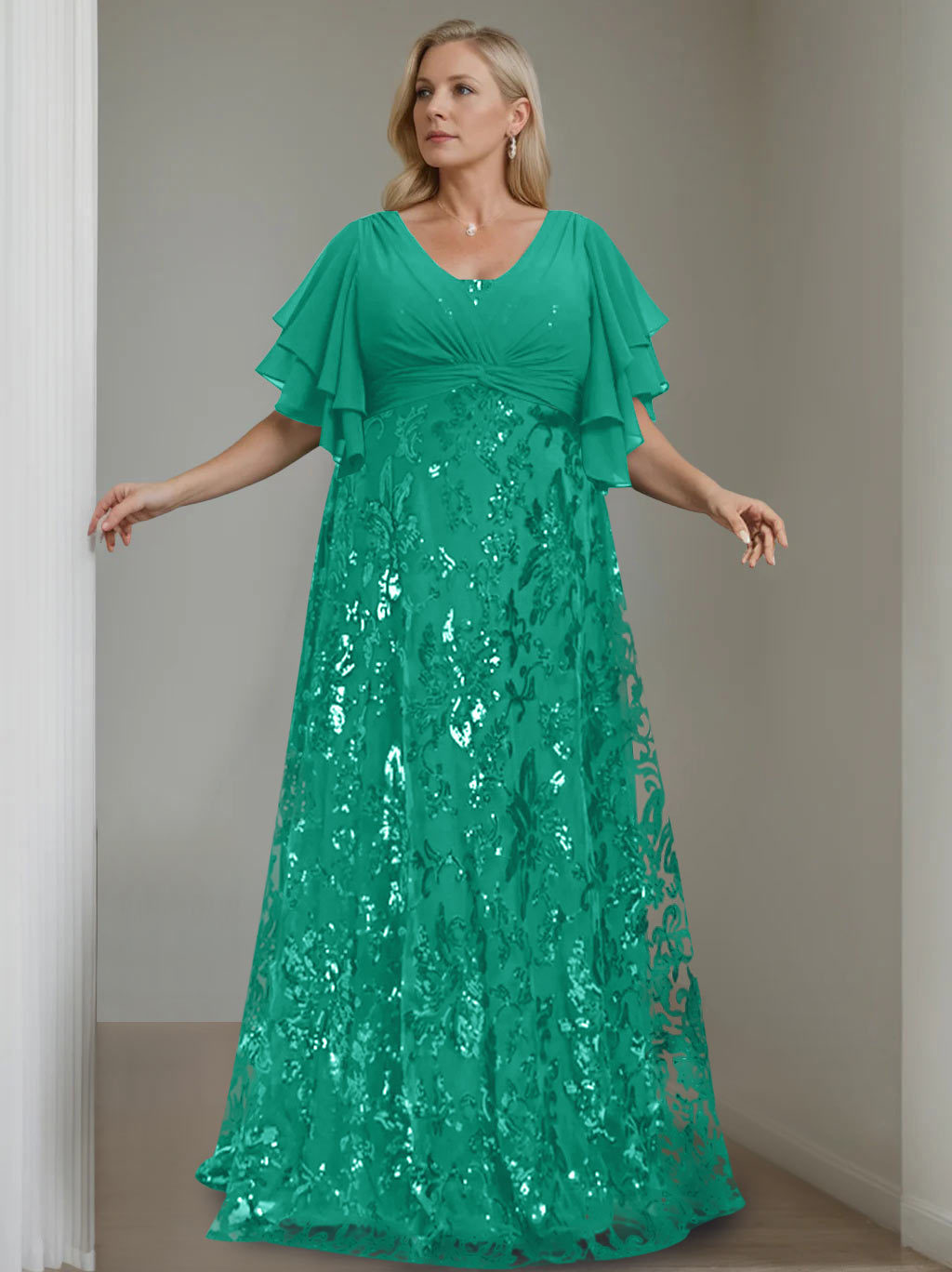 Plus Size V-Neck A-Line Princess Floor-Length Mother of the Bride Dress with Sequins and Half Sleeves-BMbridal.UK