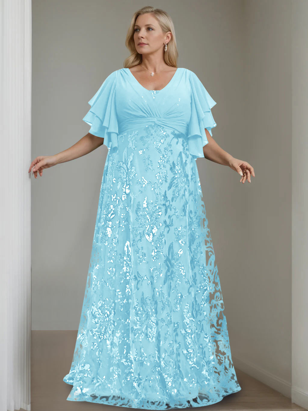 Plus Size V-Neck A-Line Princess Floor-Length Mother of the Bride Dress with Sequins and Half Sleeves-BMbridal.UK