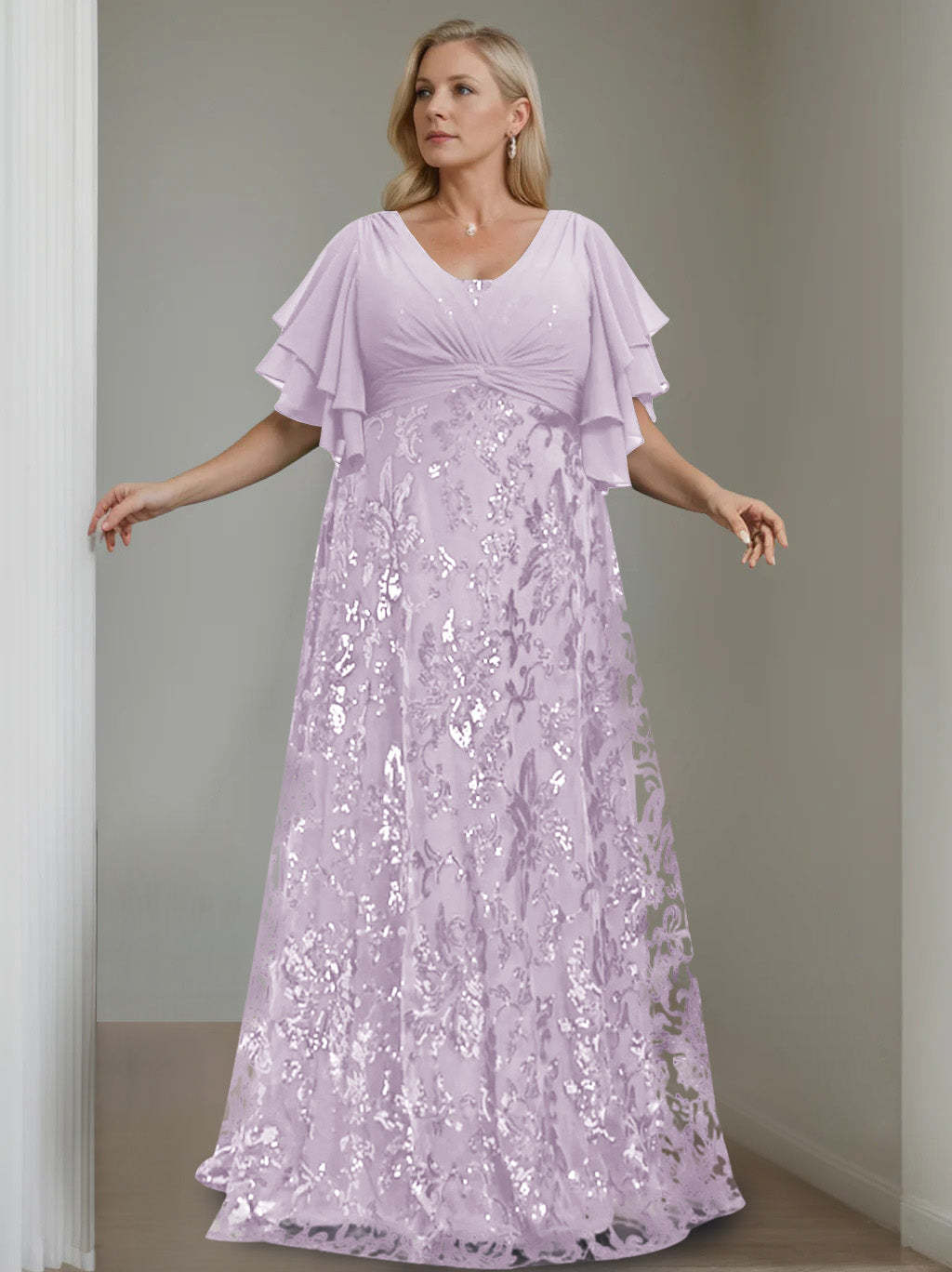 Plus Size V-Neck A-Line Princess Floor-Length Mother of the Bride Dress with Sequins and Half Sleeves