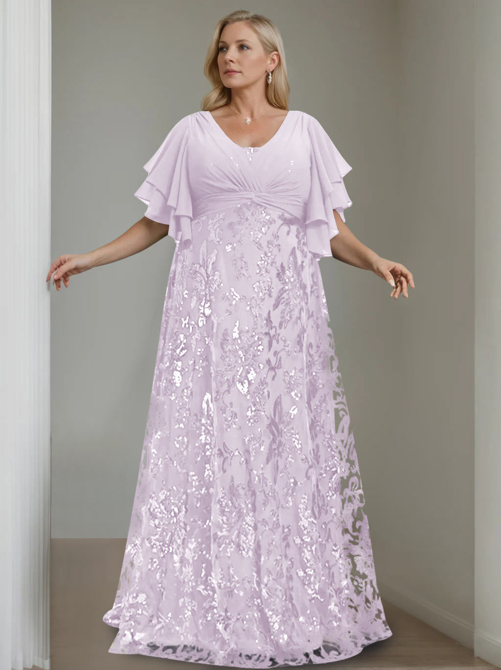Plus Size V-Neck A-Line Princess Floor-Length Mother of the Bride Dress with Sequins and Half Sleeves-BMbridal.UK