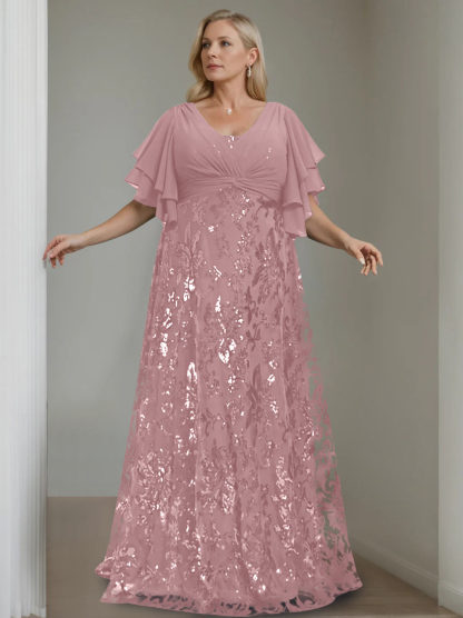 Plus Size V-Neck A-Line Princess Floor-Length Mother of the Bride Dress with Sequins and Half Sleeves-BMbridal.UK