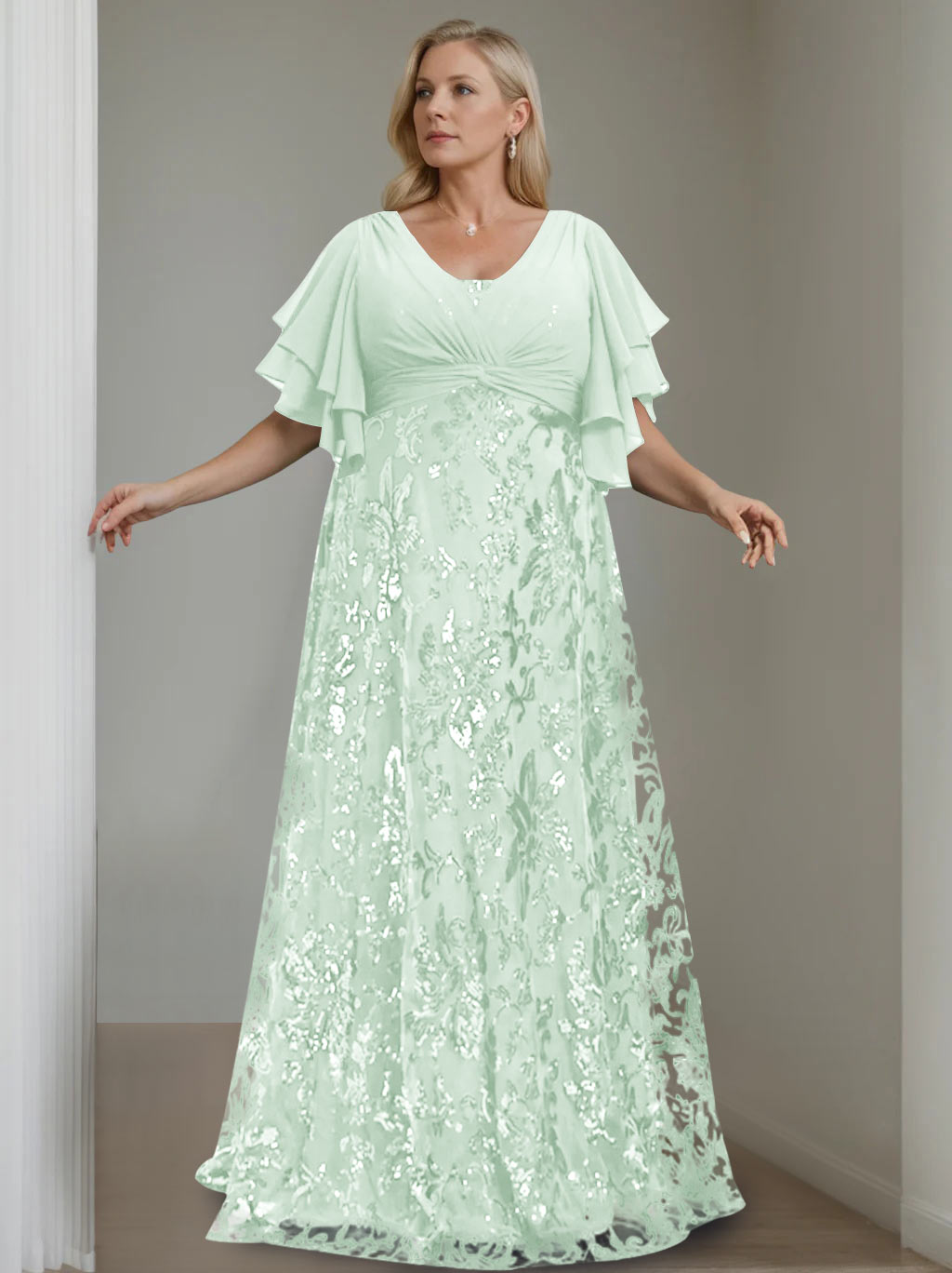 Plus Size V-Neck A-Line Princess Floor-Length Mother of the Bride Dress with Sequins and Half Sleeves-BMbridal.UK