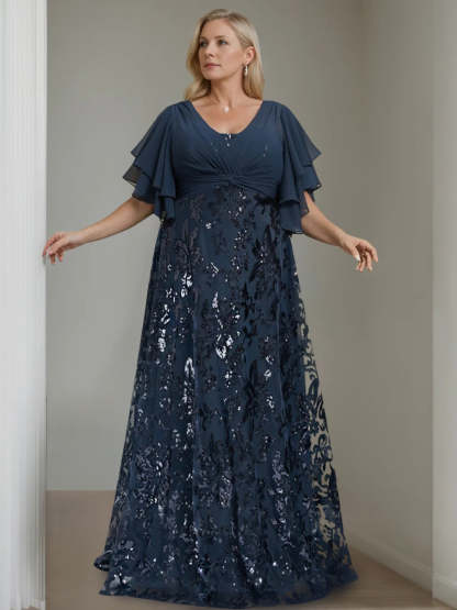 Plus Size V-Neck A-Line Princess Floor-Length Mother of the Bride Dress with Sequins and Half Sleeves-BMbridal.UK