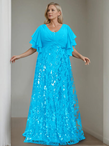 Plus Size V-Neck A-Line Princess Floor-Length Mother of the Bride Dress with Sequins and Half Sleeves-BMbridal.UK