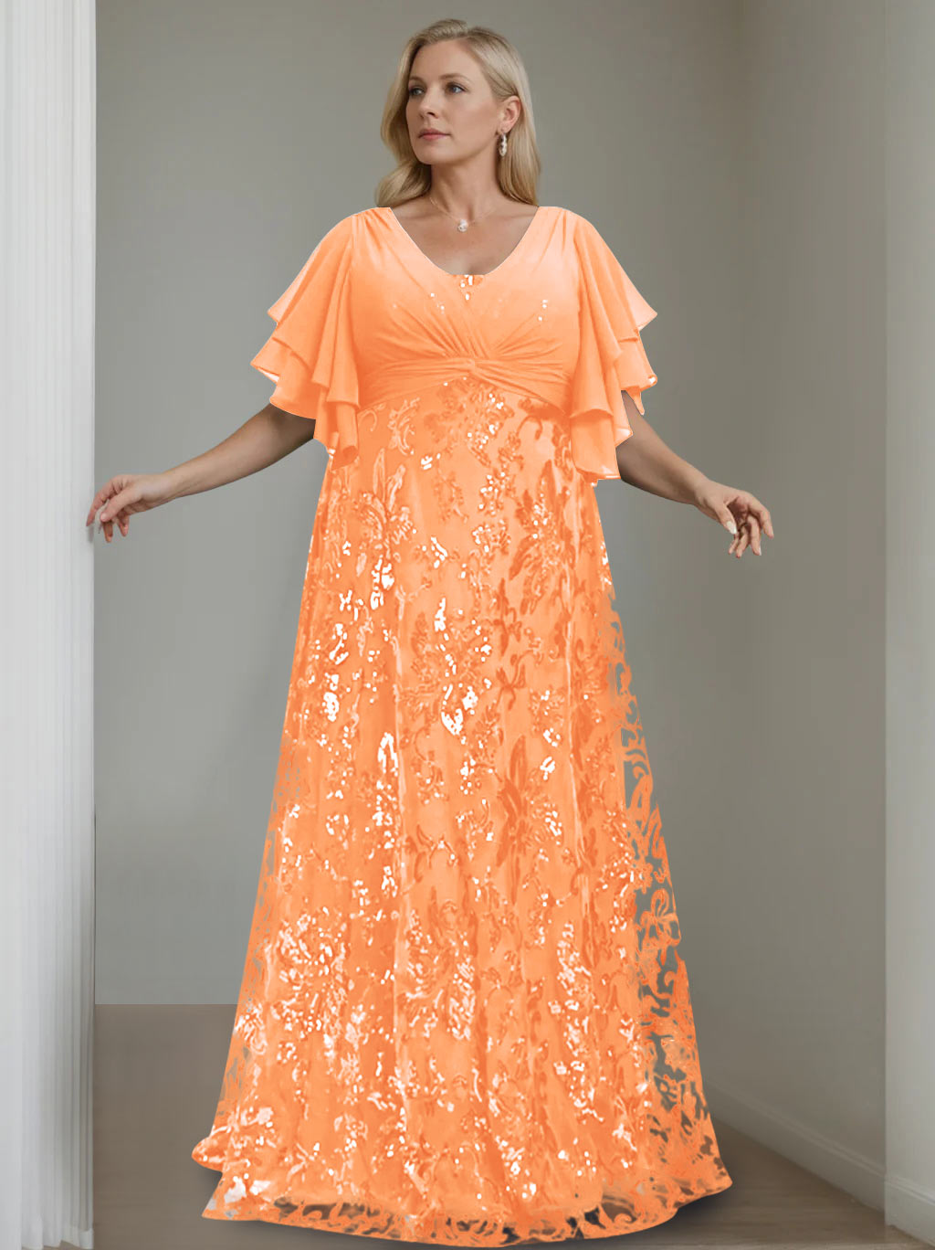 Plus Size V-Neck A-Line Princess Floor-Length Mother of the Bride Dress with Sequins and Half Sleeves-BMbridal.UK