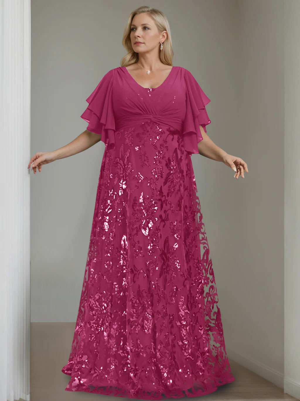 Plus Size V-Neck A-Line Princess Floor-Length Mother of the Bride Dress with Sequins and Half Sleeves-BMbridal.UK
