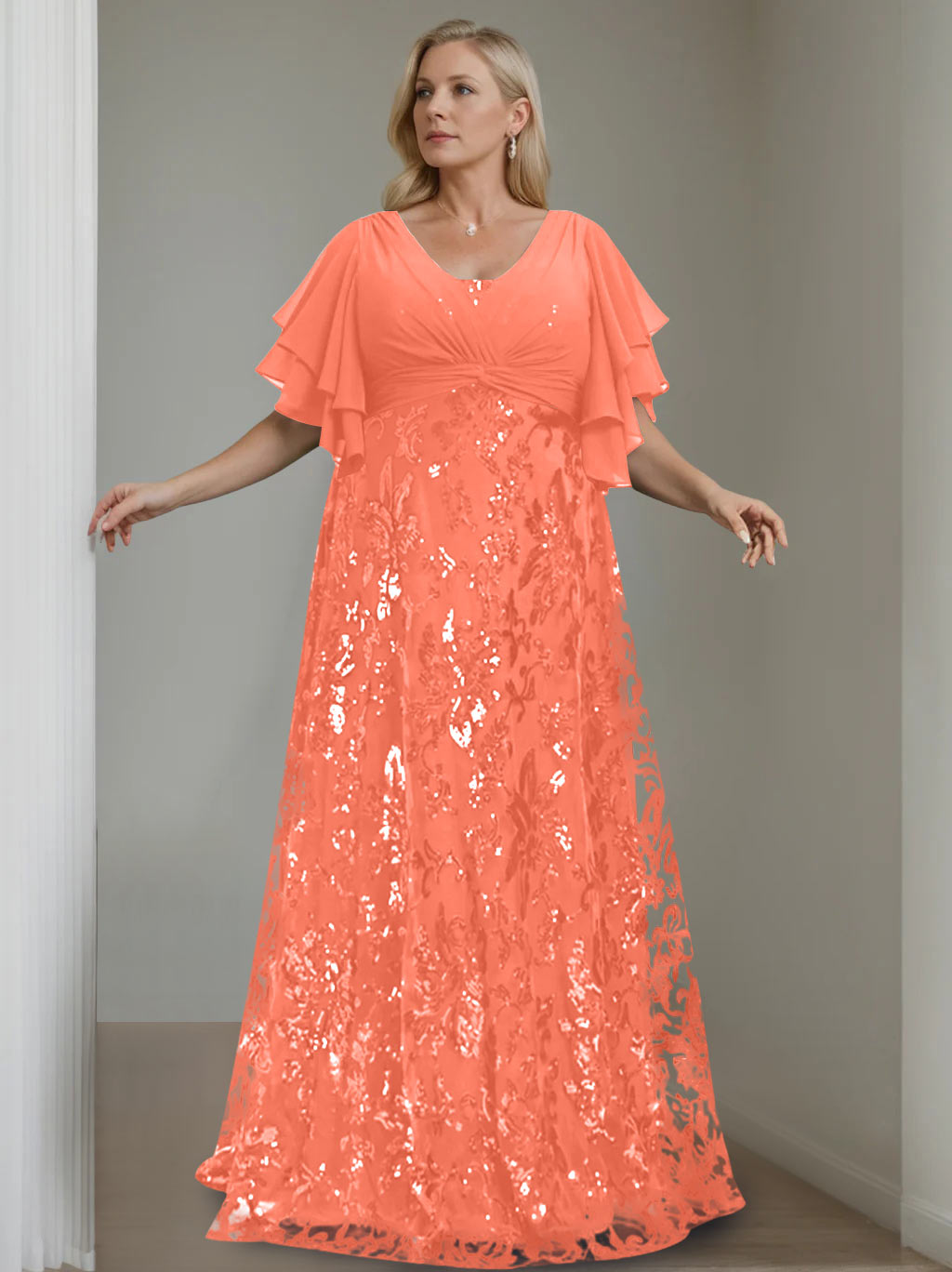 Plus Size V-Neck A-Line Princess Floor-Length Mother of the Bride Dress with Sequins and Half Sleeves-BMbridal.UK