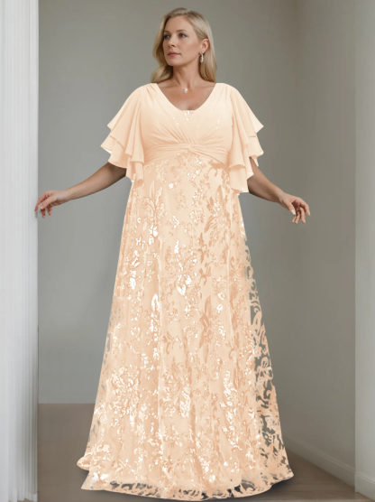 Plus Size V-Neck A-Line Princess Floor-Length Mother of the Bride Dress with Sequins and Half Sleeves-BMbridal.UK