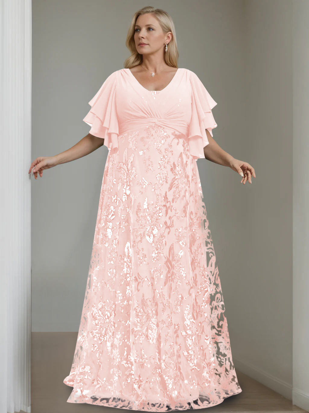 Plus Size V-Neck A-Line Princess Floor-Length Mother of the Bride Dress with Sequins and Half Sleeves-BMbridal.UK