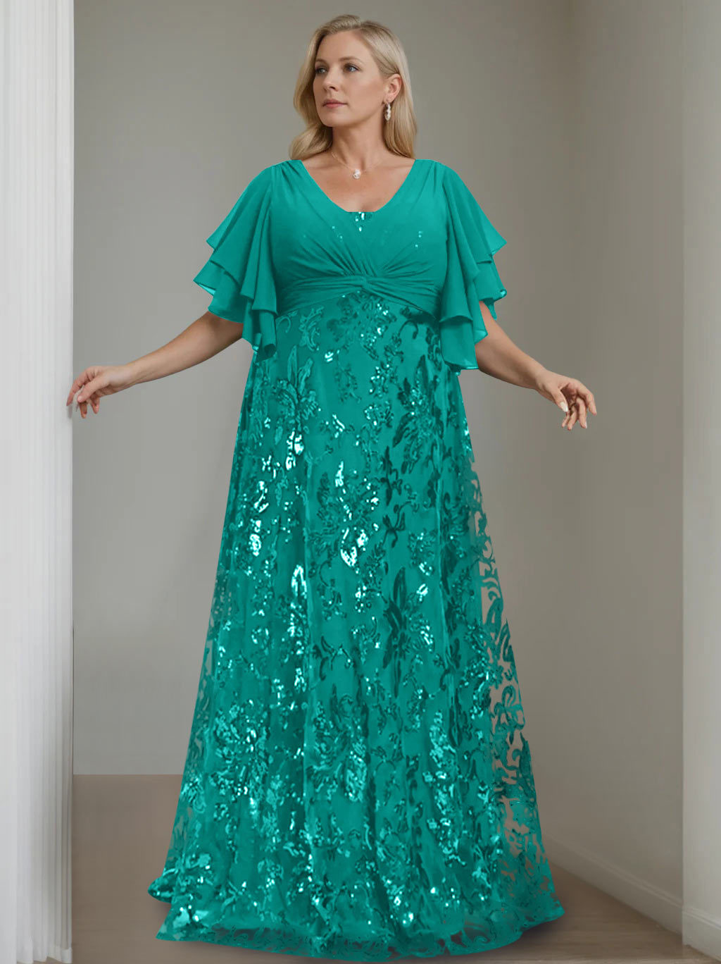 Plus Size V-Neck A-Line Princess Floor-Length Mother of the Bride Dress with Sequins and Half Sleeves-BMbridal.UK