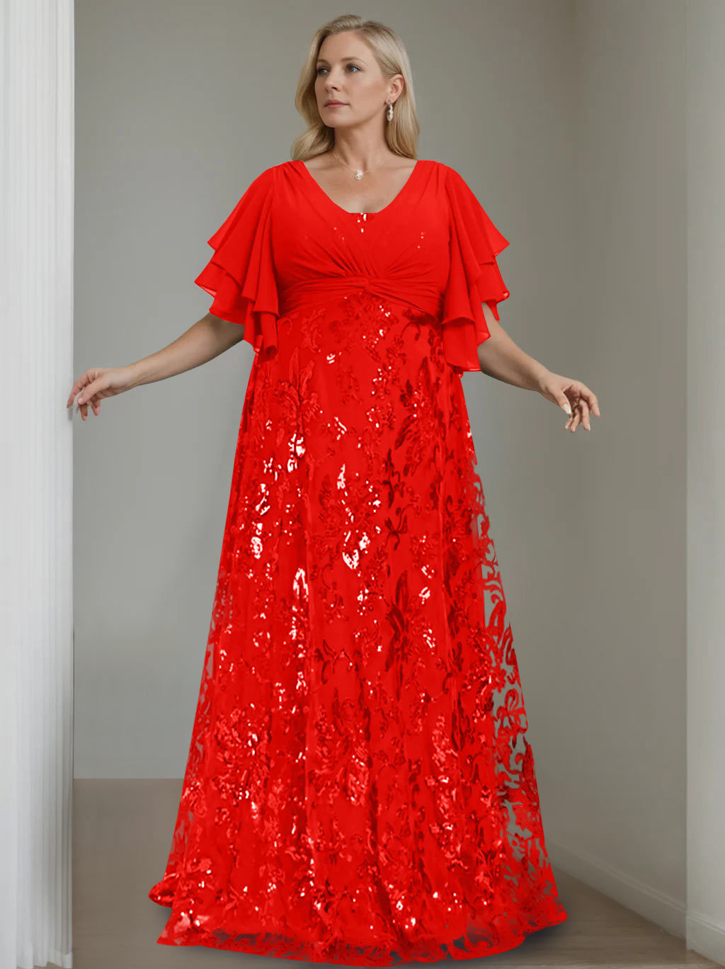 Plus Size V-Neck A-Line Princess Floor-Length Mother of the Bride Dress with Sequins and Half Sleeves-BMbridal.UK