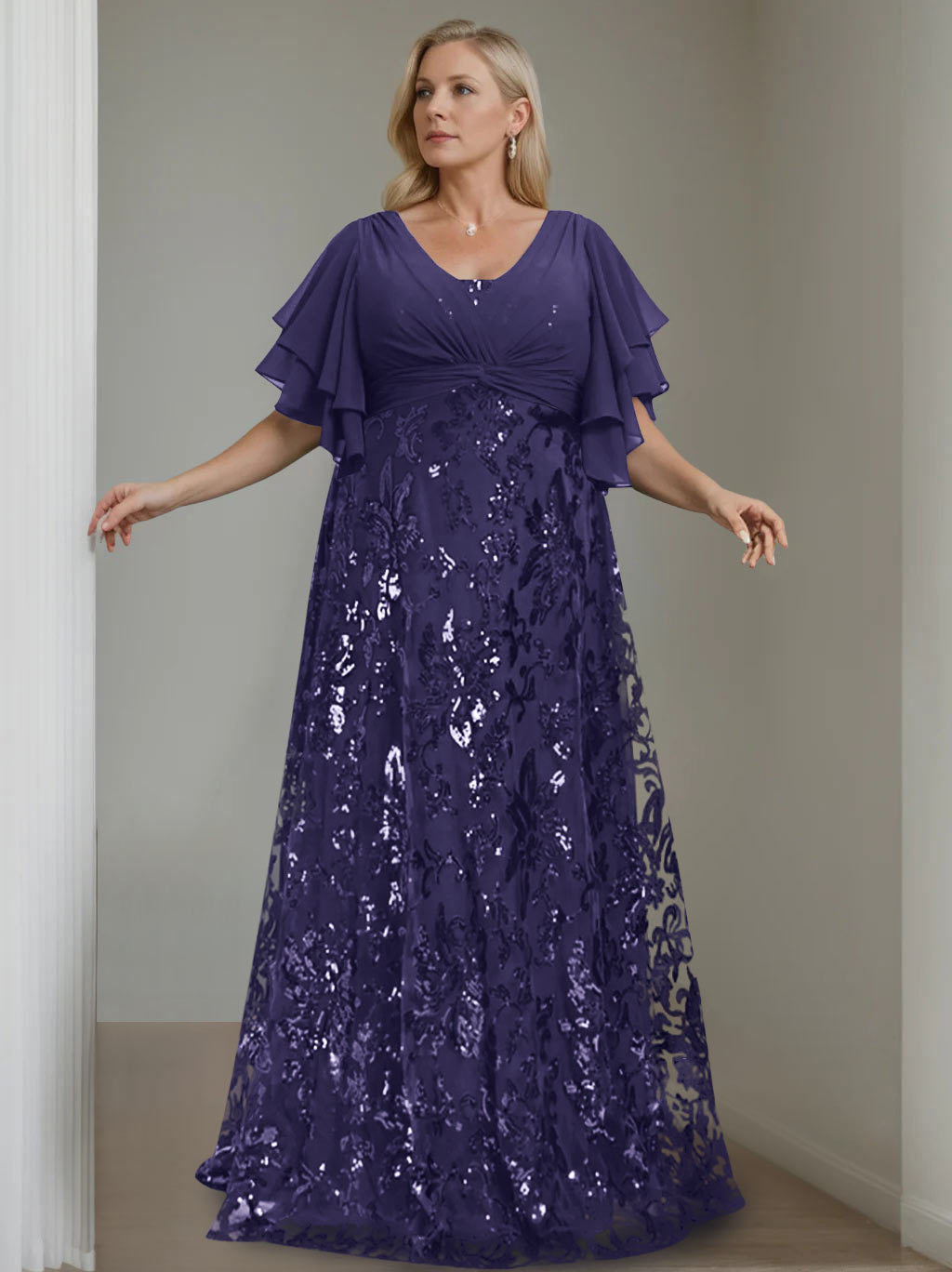 Plus Size V-Neck A-Line Princess Floor-Length Mother of the Bride Dress with Sequins and Half Sleeves-BMbridal.UK