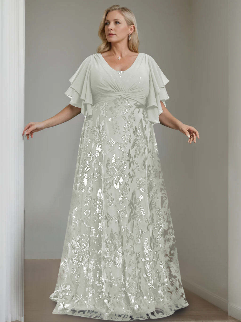 Plus Size V-Neck A-Line Princess Floor-Length Mother of the Bride Dress with Sequins and Half Sleeves-BMbridal.UK